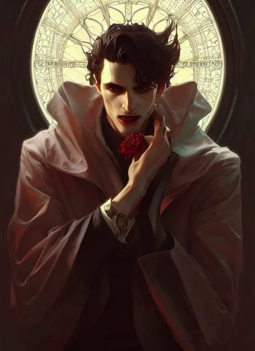 Prompt: ultra realistic illustration, handsome vampire. intricate, elegant, highly detailed, digital painting, artstation, concept art, smooth, sharp focus, illustration, art by artgerm and greg rutkowski and alphonse mucha and wlop