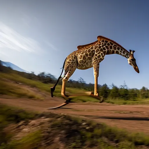 Prompt: An action photo of a giraffe with old school brown pilot goggles riding mountainbike, fast towards the camera, motion blur, high detail, wide shot