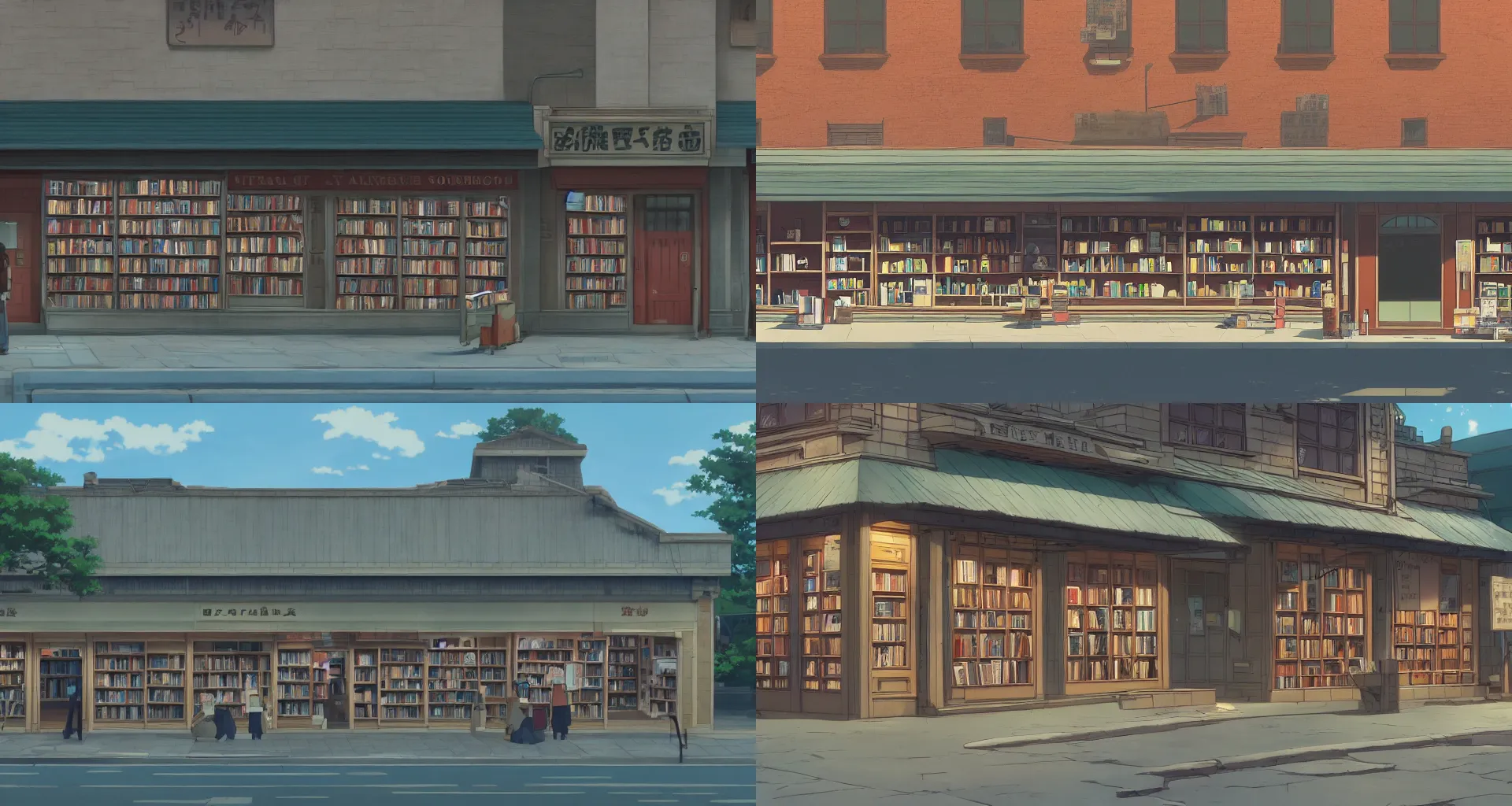 Prompt: front view of a bookstore in the beautiful anime film by makoto shinkai and studio ghibli, edge specular, pretty rim highlights