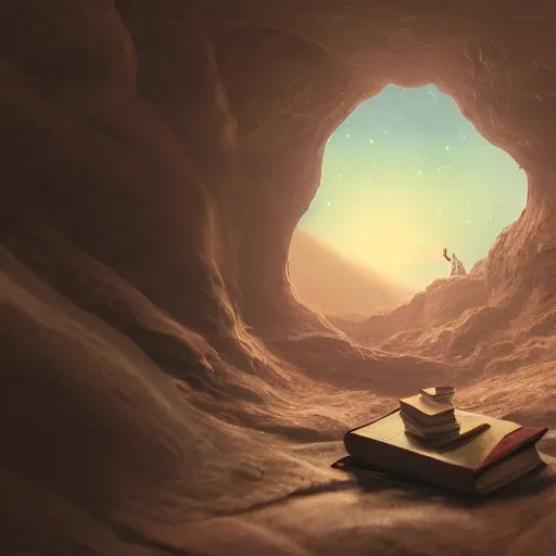 Prompt: books cave, atmospheric, dof, wide angle, very coherent composition, masterpiece, incredible details, highly detailed, photorealistic, disney pixar, warm colours, atmospheric, cozy place, smooth, hole as a window, octane render, iridescent, 8 k