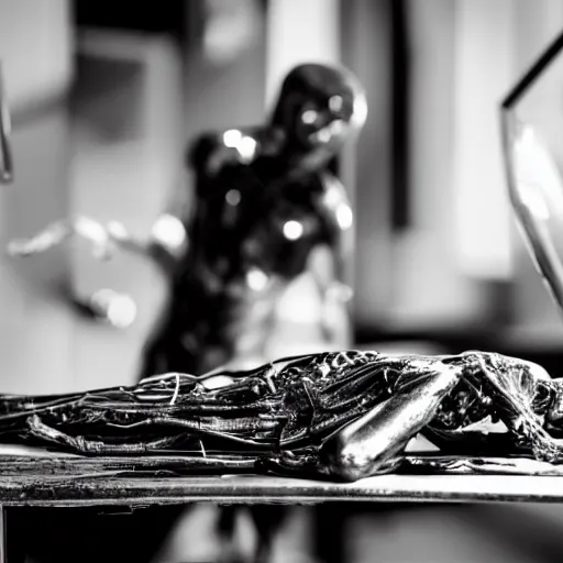 Image similar to black and white alien body autopsy on a metal table, highly detailed, sharp focus, low lights, ultra realistic