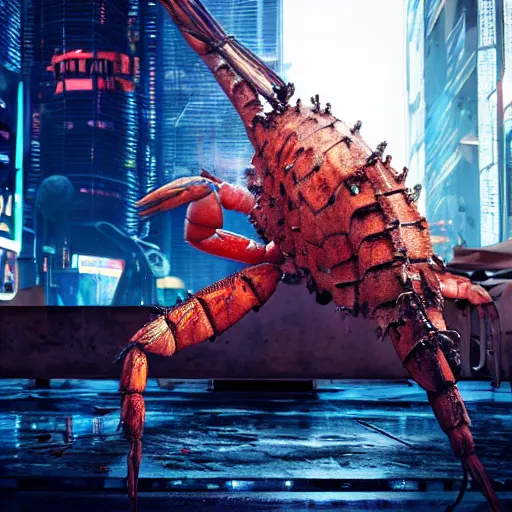 Prompt: a giant shrimp standing in a dystopian city, cyberpunk, dystopian, god, evil, villain, sharp focus, dynamic lights, still, photograph, hyper realistic, masterpiece, digital, octane render, rendered, 3 d, cinematic, cinematic lighting, dramatic lighting, highly detailed, intricate details, texture, cinematic composition, by donglu yu and kevin jick and eddie del rio