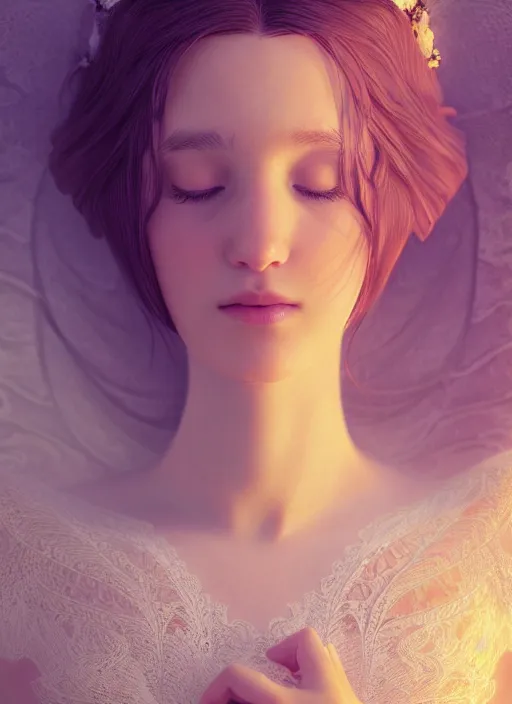 Image similar to young woman beautiful face : : sleeping lace dress : : night home bed : : weta disney pixar movie still photo : : decadent highly - detailed digital painting, full length shot, golden ratio, octane render, artstation, smooth, sharp focus, artgerm, mucha, loish, wlop, gogo