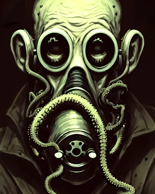 Prompt: a male zombie with gasmask old man | | elderly - face, wrinkled face, realistic shaded perfect face, fine details. anime. tentacles, cthulu, eldritch abomination, dunwitch horror, realistic shaded lighting poster by greg rutkowski, magali villeneuve, artgerm, jeremy lipkin and michael garmash and rob rey