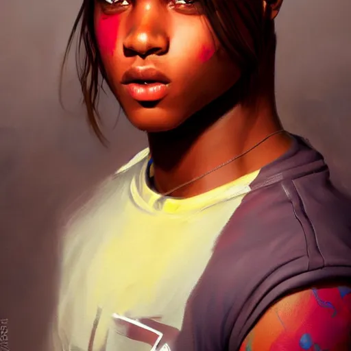 Image similar to colorful and festive captivating teenager with straight brown hair covering his eye, dark skin, big lips, big eyes, wearing a red t - shirt. rich vivid colors, ambient lighting, dynamic lighting, 4 k, atmospheric lighting, painted, intricate, highly detailed by charlie bowater