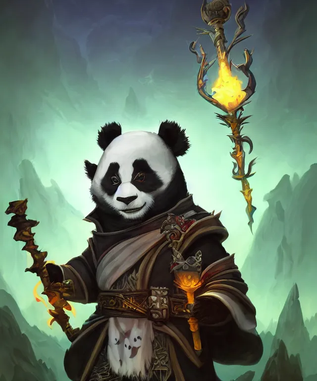 Image similar to a portrait an anthropomorphic panda warlock holding a staff, wearing warlock robes with spiked shoulders, landscape in background, dnd character art portrait, world of warcraft style, by peter mohrbacher, cinematic lighting