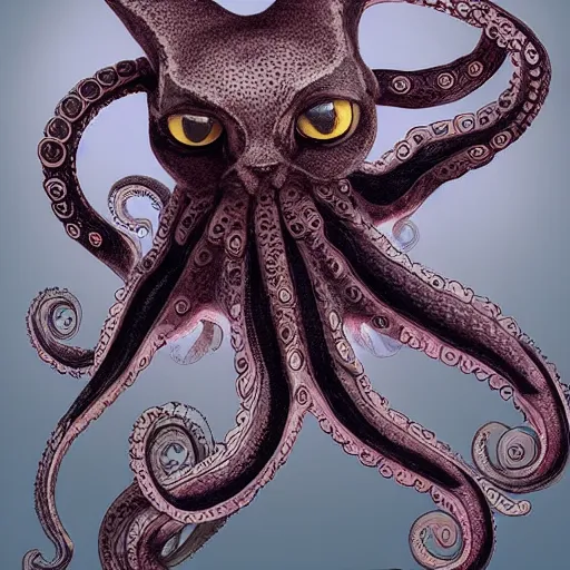 Prompt: a hybrid between a cat and an octopus, digital art, artstation, very detailed, intrincate details, beautiful art.