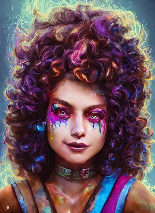 Image similar to an epic fantasy comic book style portrait painting of a girl wearing colorful makeup with a smile and curly brown hair stepping out of a doorway with light shining behind her, unreal 5, daz, hyperrealistic, octane render, cosplay, rpg portrait, dynamic lighting, very detailed face