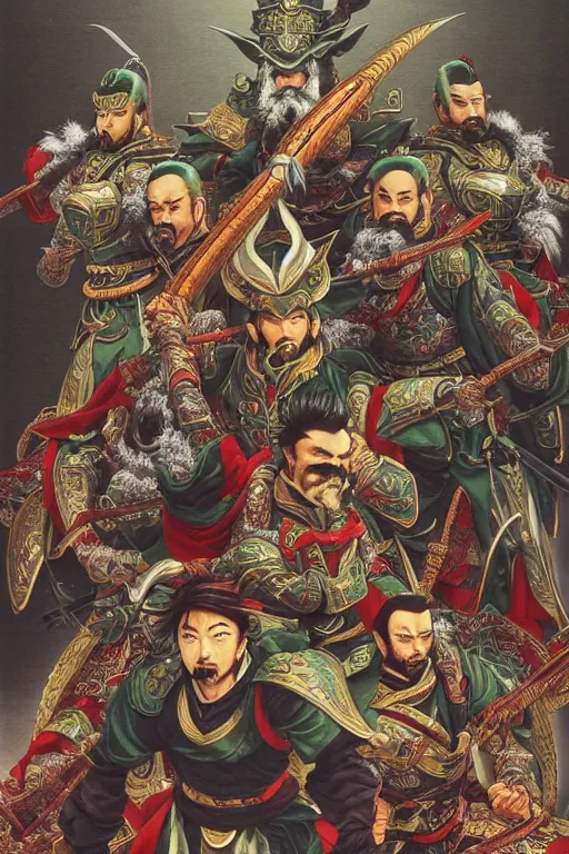 Image similar to poster of liu bei with guan yu and zhang fei, by yoichi hatakenaka, masamune shirow, josan gonzales and dan mumford, ayami kojima, takato yamamoto, barclay shaw, karol bak, yukito kishiro