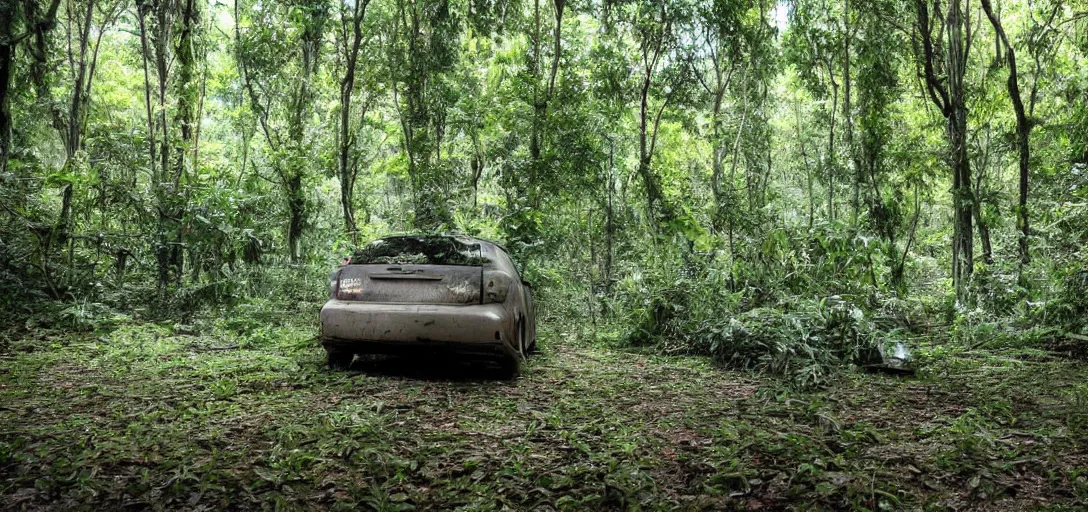 Prompt: abandoned car on the right side of the image, overgrown in a thick forrest, a modern city in the background, water on the left