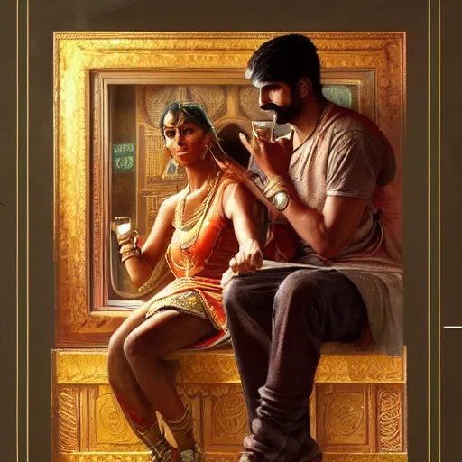 Prompt: an indian man and a chav in a pub, real life skin, intricate, elegant, highly detailed, artstation, concept art, smooth, sharp focus, art by artgerm and greg rutkowski and alphonse mucha