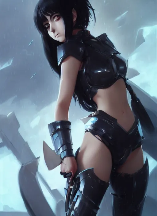 Prompt: Portrait of Anime girl with black hair, she is wearing metal armor around her chest and waist, realistic, detailed, 4k by Greg Rutkowski Mark Arian trending on artstation