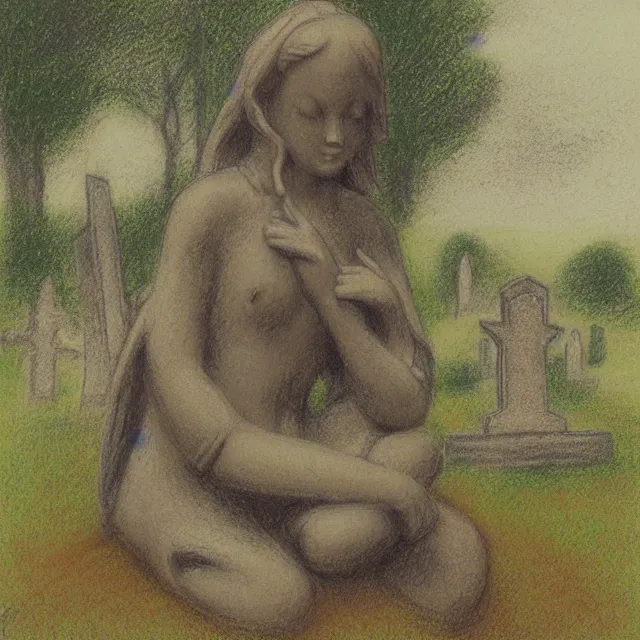 Image similar to statue of a crying angel sitting by a grave, graveyard with a church in a forest meadow landscape, pastel drawing