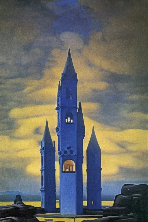 Image similar to view of the mysterious blue tower in its gardens after a storm, tall windows lit up, beautiful ornamental architecture, dramatic cinematic lighting, rich colors, by Nicholas Roerich and William Dyce and April Gornik and Sylvain Sarrailh
