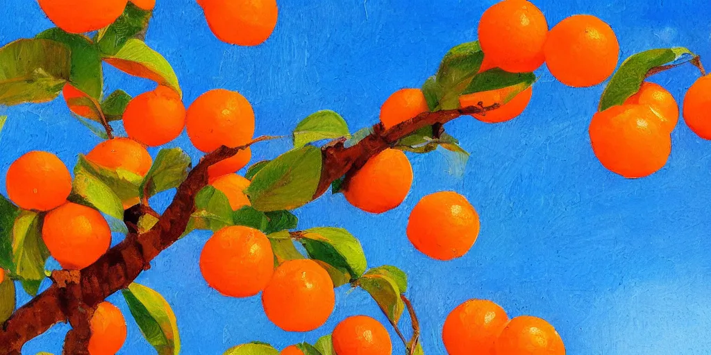 Image similar to brunch of orange tree against bright blue sky closeup, oil paint