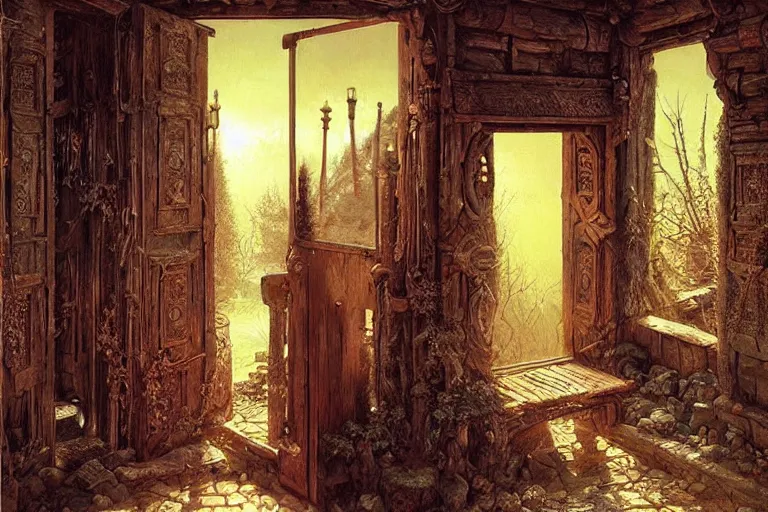 Image similar to large rustic intricately decorated wooden double door, metal handles, a view to a fantasy world, eerie back light, mist, fantasy painting by noriyoshi ohrai