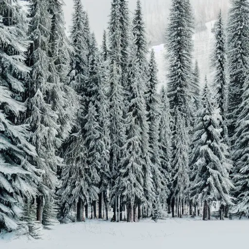 Image similar to a forest of spruce trees, dusted in snow, at early dawn, nature, high quality, dreamlike