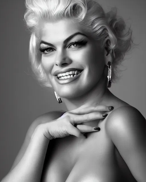 Prompt: Beautiful Head and shoulders portrait of smiling flirty Anna Nicole smith with platinum blonde hair, wearing a camisole by alberto Vargas, arney freytag, artstation, 35mm, fashion photoshoot, posing on the couch in a photo studio, golden hour, bokeh, rim lighting, fashion pose, octane, 4k