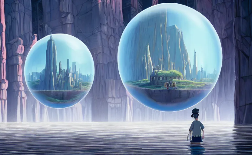 Image similar to a scary hyperrealist painting of new york city inside a giant transparent forcefield crystal ball from howl's moving castle ( 2 0 0 4 ) in a flooded monument valley stonehenge jungle. depth perception, 4 k, artstation, in the style of studio ghibli