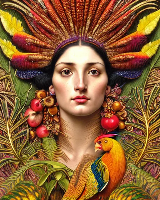 Image similar to hyperrealistic detailed face portrait of the beautiful goddess of the golden pheasants with an intricate headgear of golden pheasant, red berries, leaves, field flowers, pears, apples, art by ernst haeckel, john william godward, android jones, alphonso mucha, h. r. giger, gothic - cyberpunk, ornamental, beautiful deep colours,