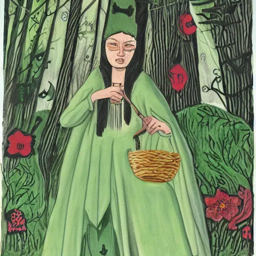 Prompt: ordered dark green by helio oiticica. a drawing of a vasilisa standing in the forest, surrounded by animals. she is holding a basket of flowers in one hand & a spindle in the other. gentle expression. in the background, the forest is dark & mysterious.