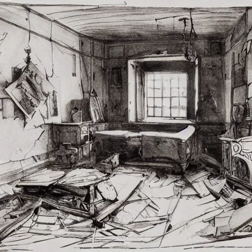 Prompt: dignified, decorative by anders zorn ink drawing, illuminated manuscript. a painting of a room that is wrecked, furniture overturned, belongings strewn about, & debris everywhere. the only thing left intact is a photograph on the wall shows a tidy, well - appointed space, with everything in its place.