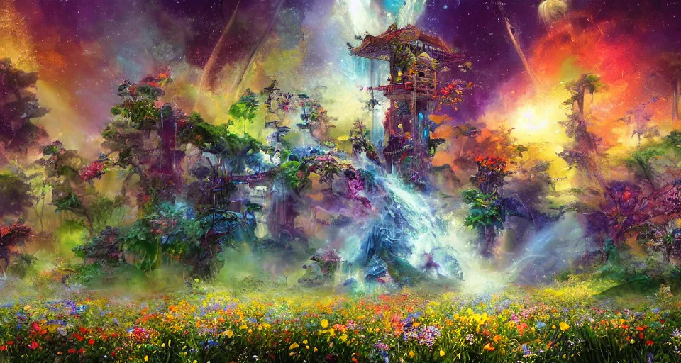 Image similar to a large mystic shrine in a field of flowers, john berkey, mad dog jones, breath - taking beautiful flowers, streams, nebula, and mist, an aesthetically pleasing, dynamic, energetic, lively, complex, intricate, detailed, well - designed digital art of magic, streams, flowers, and mist, early morning, light and shadow