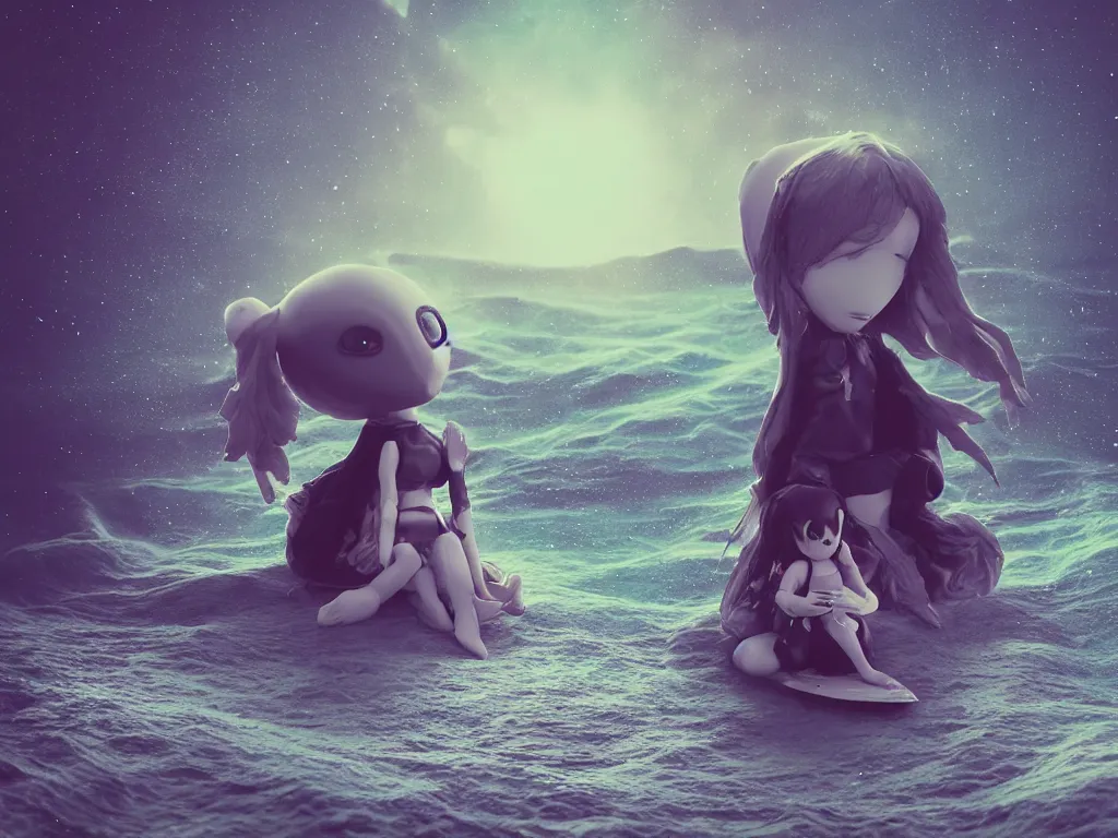 Prompt: cute fumo plush gothic maiden alien girl sitting on a surfboard in the waves of the dark galactic abyss, tattered ragged dress, ocean waves and reflective splashing water, vignette, vray