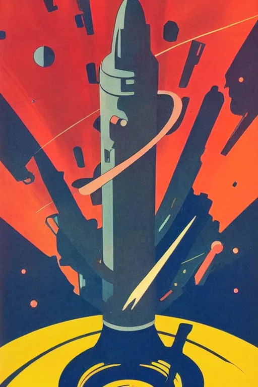 Image similar to poster of rocket flying through space, 1 9 5 0 s style, futuristic design, dark, symmetrical, washed out color, centered, art deco, 1 9 5 0's futuristic, glowing highlights, intense