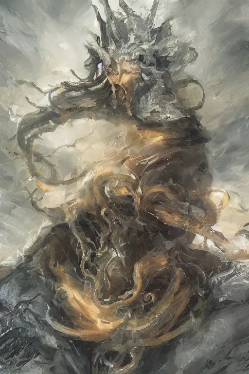 Image similar to A full body portrait of a mysterious character with no face with a very long hooded yellow cloak, a golden crown floating above his head tentacles coming out the ground art by James Paick, and Shaddy Safadi, ominous, cosmic horror, trending on artstation, Ultra detailed, hyper realistic 4k