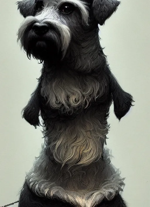 Image similar to portrait of stoic looking miniature schnauzer, black fir, white eyebrows, fantasy, intricate, elegant, highly detailed, digital painting, artstation, concept art, smooth, sharp focus, illustration, art by artgerm and greg rutkowski and alphonse mucha