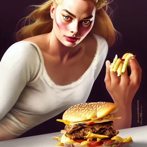 Image similar to portrait of a Margot Robbie eating a hamburger, extra onions and ketchup, luscious patty with sesame seeds, masculine, handsome, D&D, fantasy, intricate, elegant, highly detailed, digital painting, artstation, concept art, matte, sharp focus, illustration, art by Artgerm and Greg Rutkowski and Alphonse Mucha