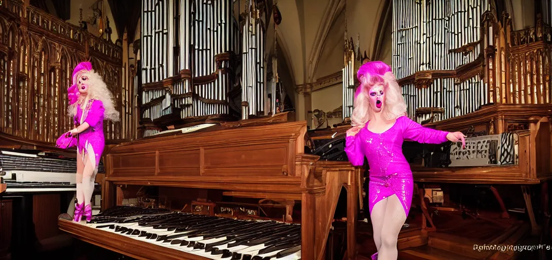 Image similar to drag queen performs as a church organist, photography, ultra high definition,