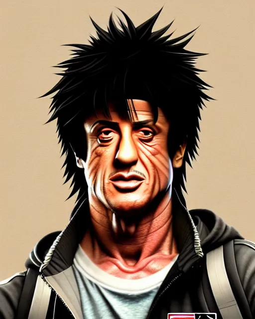 Image similar to well drawn animation portrait Anime skateboarder Sylvester Stallone Rambo, Sharp fine face, shaded Perfect face, fine details. Anime. cyberpunk realistic shaded lighting by katsuhiro otomo ghost-in-the-shell, magali villeneuve, artgerm, rutkowski Jeremy Lipkin and Giuseppe Dangelico Pino and Michael Garmash and Rob Rey