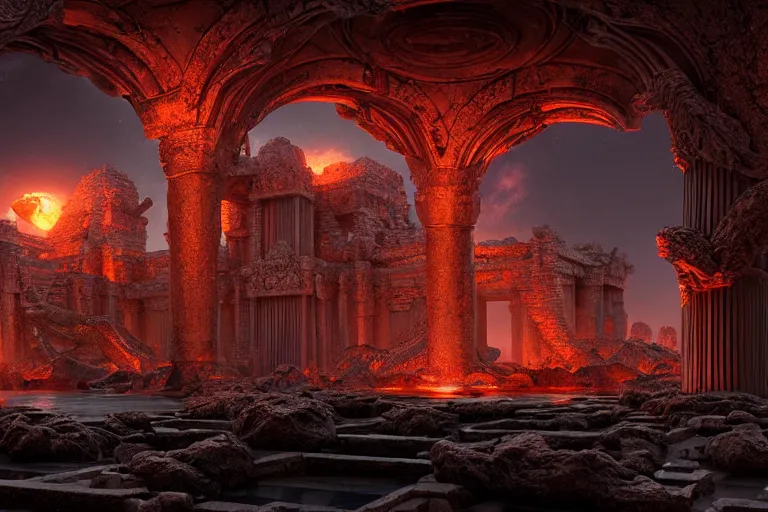 Image similar to beautiful hyperrealistic hyperdetailed epic hdr 3 d render by octane of the mysterious intricate ruins of a temple from an advanced alien starwars civilization under the crescent moon with rimlight with rivers of molten lava by alejandro burdisio and george ines, dramatic lighting