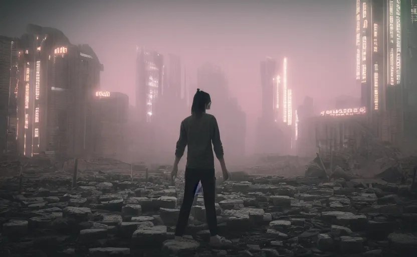 Image similar to a 3 d render of a person standing in the ruins of an ancient city in the morning mist, cyberpunk with lights and electricity and neon, bokeh, canon 5 0 mm, cinematic lighting, volumetric light, octane, octane render, redshift render, golden hour
