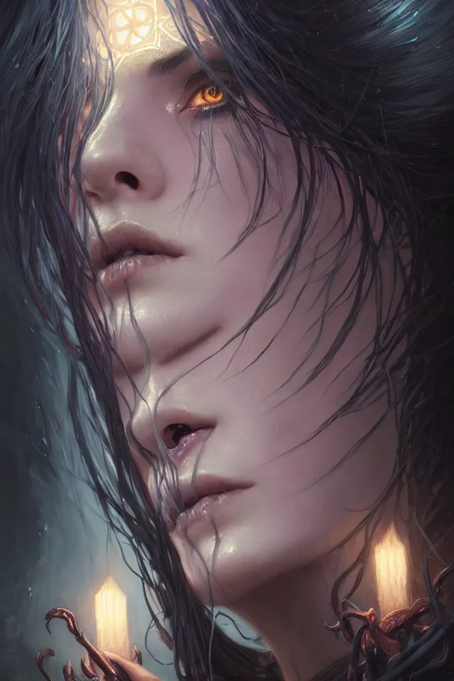 Prompt: Necromancer Sorceress face close-up macro in center, fantasy magic, undercut hairstyle, dark light night, intricate, elegant, sharp focus, illustration, highly detailed, digital painting, concept art, matte, art by WLOP and Artgerm and Greg Rutkowski and Alphonse Mucha, masterpiece