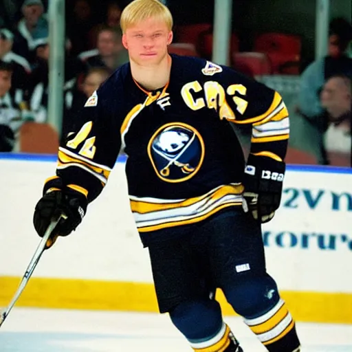 Prompt: tanner is a 3 1 year old anglo - canadian male ice hockey player. he has blond hair, blue eyes, and short facial hair. his portrait was taken in 2 0 0 5 while wearing a buffalo sabres jersey.