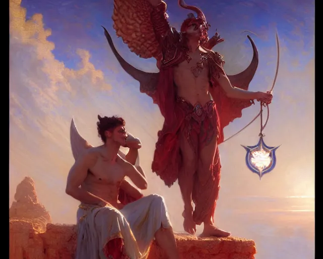 Image similar to attractive male deity, casting demonic magic, summoning handsome lucifer morning star. highly detailed painting by gaston bussiere, craig mullins, j. c. leyendecker 8 k