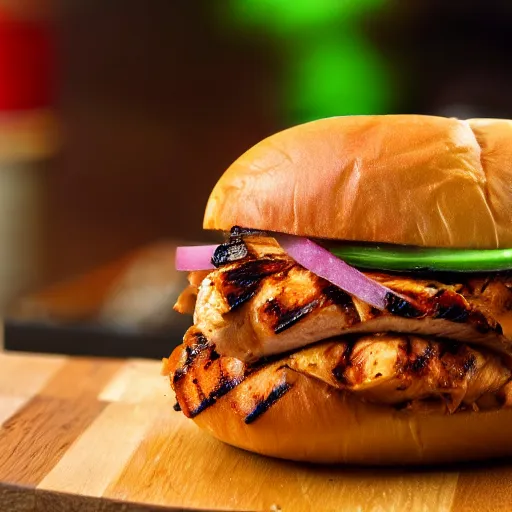 Prompt: Barbecue grilled chicken sandwich, 4k macro picture