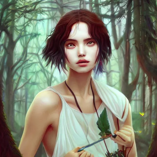 Image similar to a beautiful scenic painting of a beautiful young woman that looks like princess mononoke by artgerm and wlop and wes anderson and spike jonze