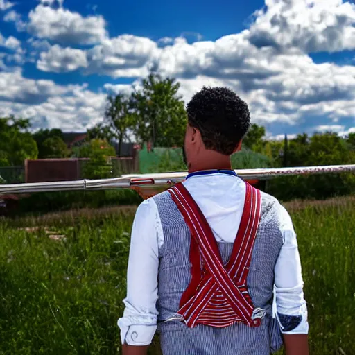 Image similar to Young man standing looking to the right in a red bandana, blue striped shirt, gray vest and a gun with a partly cloudy sky in the background. The young man is standing in front of an iron fence. Photograph. Real life