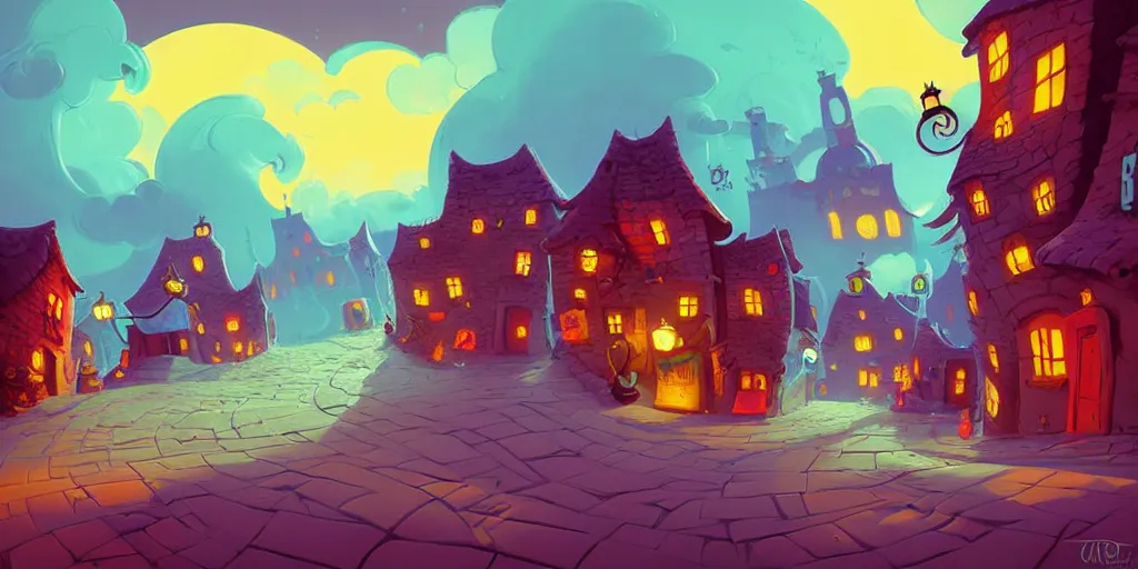 Image similar to curved!!!!!!!!!!! perspective digital art of curvy clouds in a small village with a cobblestone street by anton fadeev from nightmare before christmas