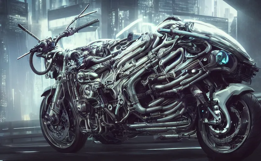 Image similar to Cyberpunk yamaha motorcycle, hyperrealistic mixed media, stunning 3d render inspired art by P. Craig Russell and Barry Windsor-Smith + perfect facial symmetry + dim volumetric lighting, 8k octane beautifully detailed render, post-processing, extremely hyperdetailed, intricate futuristic mechanic parts, epic composition, grim yet sparkling atmosphere, cinematic lighting + masterpiece, trending on artstation