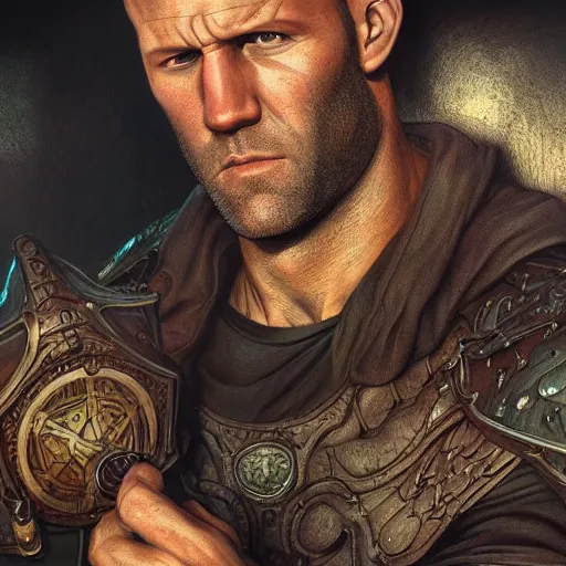 Prompt: photography of jason statham, deep focus, d & d, fantasy, intricate, elegant, highly detailed, digital painting, artstation, concept art, matte, sharp focus, illustration, hearthstone, art by artgerm and greg rutkowski and alphonse mucha