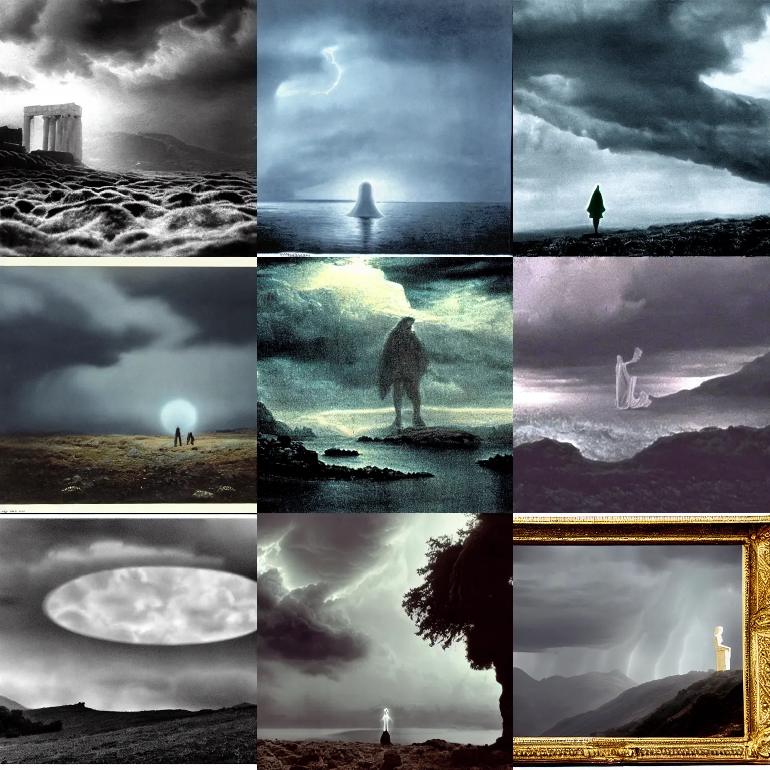 Prompt: eerie, greek fantasy landscape, a giant translucent shining ghost in the stormy clouds, stanley kubrick movie frame