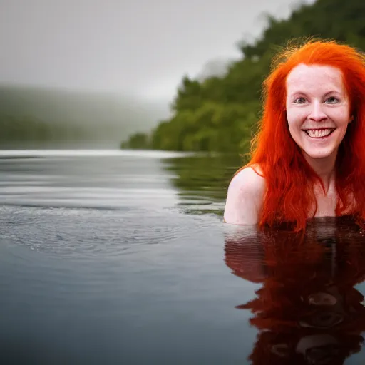 Image similar to tall beautiful red haired scottish woman, smiling on a raft in a lake, 4 k, early morning, mist, photorealism, professional photography