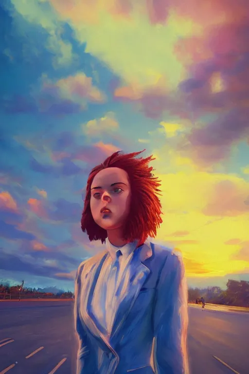 Image similar to closeup giant dahlia flower head, girl in a suit on a street, surreal photography, blue sky, sunrise, dramatic light, impressionist painting, digital painting, artstation, simon stalenhag