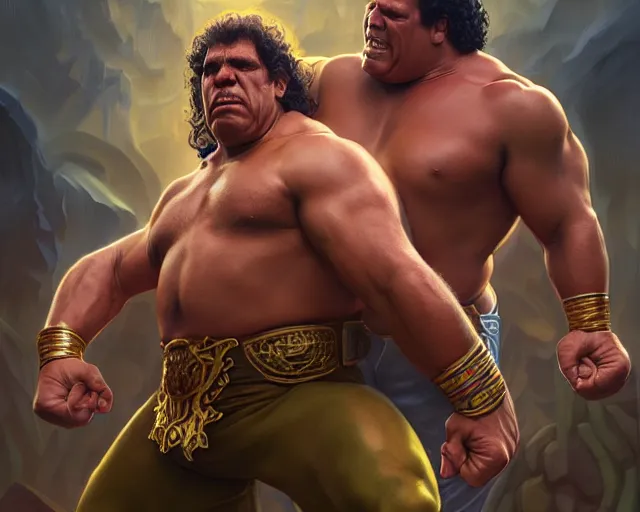 Prompt: hulk hogan body slamming andre the giant wrestlemania 2, deep focus, d & d, fantasy, intricate, elegant, highly detailed, digital painting, artstation, concept art, matte, sharp focus, illustration, hearthstone, art by artgerm and greg rutkowski and alphonse mucha