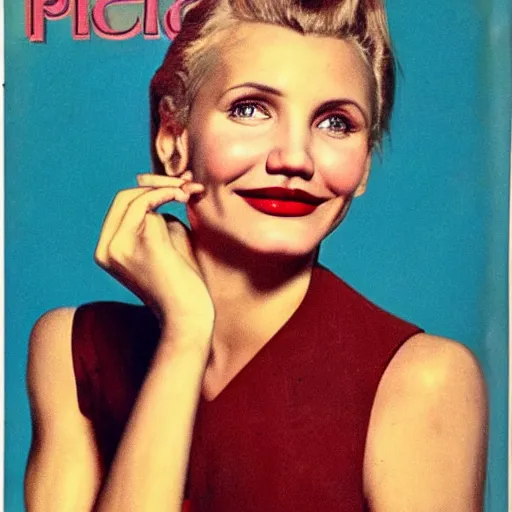 Image similar to Cameron Diaz portrait, color vintage magazine illustration 1950